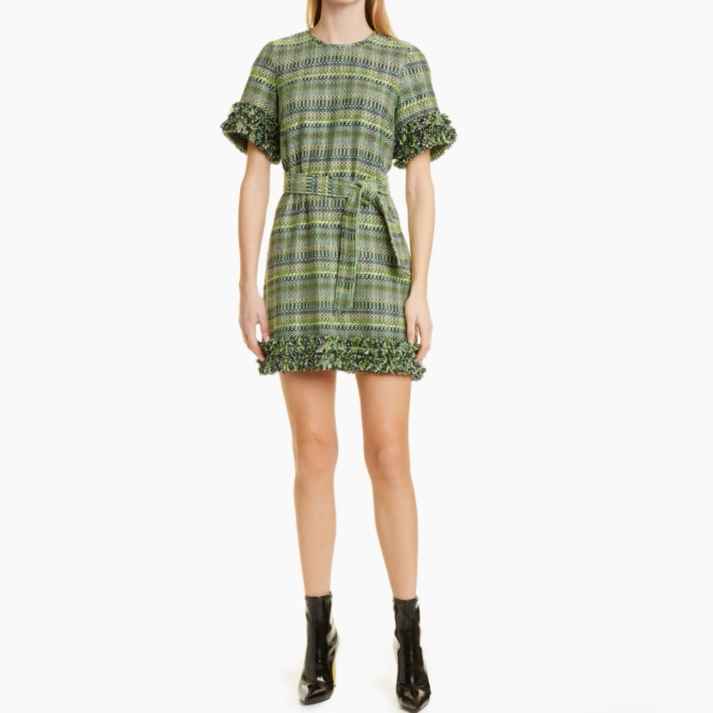 cinq a sept Green Tweed Mini Dress with Belt - Picture 5 of 13